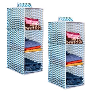 prettykrafts 3-shelf hanger closet hanging shelves - clothes organizer and storage for sweater jeans shirt - dorm wardrobe nursery - kids closet hanging accessories  easy mount arrow bluepack of 2