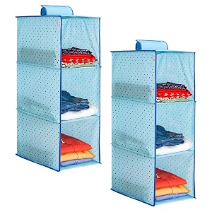 prettykrafts 3-shelf hanger closet hanging shelves - clothes organizer and storage for sweater jeans shirt - dorm wardrobe nursery - kids closet hanging accessories  easy mountdots bluepack of 2