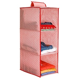 prettykrafts 3-shelf hanger closet hanging shelves - clothes organizer and storage for sweater jeans shirt - dorm wardrobe nursery rv room - kids closet hanging accessories  easy mountdots pink