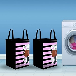 prettykrafts 50l non woven panda printed rectangular foldable large laundry bagbasket with lid amp handles freestanding cloth storage organizer for bedroom 33x33x46cm black set of 2