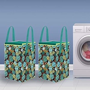 prettykrafts 50l non woven panda printed rectangular foldable large laundry bagbasket with lid amp handles freestanding cloth storage organizer for bedroom 33x33x46cm black set of 2
