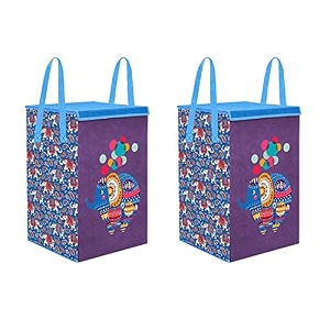 prettykrafts 75l non woven elephant printed rectangular foldable large laundry bagbasket with lid amp handle freestanding cloth storage organizer for bedroom 36x36x53cm purple set of 2