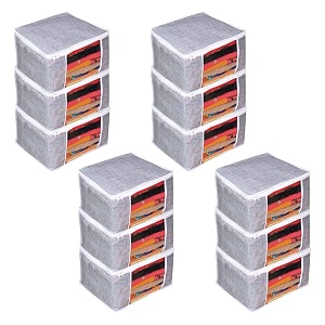 prettykrafts saree cover set of 12  jute finishwardrobe organiserclothes bag_grey