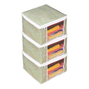 prettykrafts saree cover set of 3  jute finishwardrobe organiserclothes bag_green