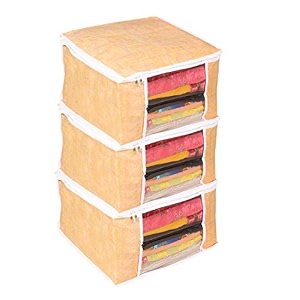 prettykrafts saree cover set of 3  jute finishwardrobe organiserclothes bag_orange