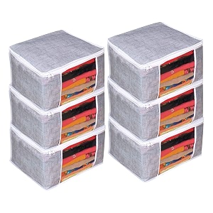 prettykrafts saree cover set of 6  jute finishwardrobe organiserclothes bag_grey