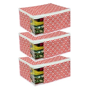 prettykrafts saree cover large with creative prints saree storage bag with zip wardrobe organiser clothes cover amp storagepack of 3 diamond red