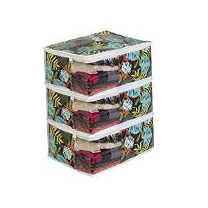 prettykrafts saree cover large with creative prints saree storage cover with zip wardrobe organiser clothes cover amp storagegreen leave set of 3 pcs