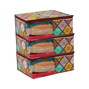 prettykrafts set of 3 non-woven printed foldable saree coverswardrobe organizer with transparent window and zipclothes storage bag for women39s lehenga suit saree amp other accessories multi checks
