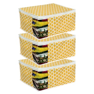 prettykrafts saree cover large with creative prints saree storage bag with zip wardrobe organiser clothes cover amp storagepack of 3 qtr yellow