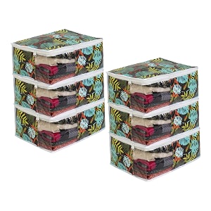 prettykrafts saree cover large with creative prints saree storage cover with zip wardrobe organiser clothes cover amp storagegreen leave set of 6 pcs