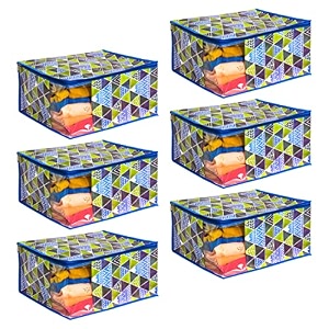 prettykrafts set of 6 non-woven printed foldable saree coverswardrobe organizer with transparent window and zipclothes storage bag for women39s lehenga suit saree amp other accessories arrow blue