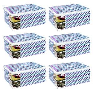prettykrafts set of 6 non-woven printed foldable saree coverswardrobe organizer with transparent window and zipclothes storage bag for women39s lehenga suit saree amp other accessories arrow blue