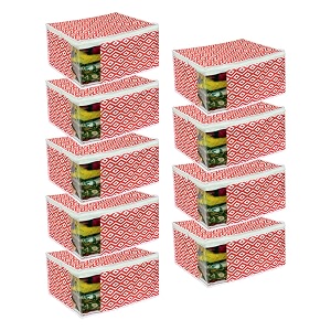 prettykrafts set of 9 non-woven printed foldable saree coverswardrobe organizer with transparent window and zipclothes storage bag for women39s lehenga suit saree amp other accessories diam red