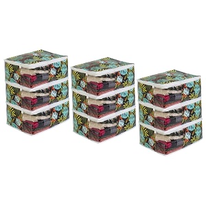 prettykrafts saree cover large with creative prints saree storage cover with zip wardrobe organiser clothes cover amp storagegreen leave set of 9 pcs