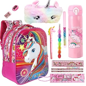 prezzie villa 11 pieces kids unicorn backpack set with unicorn pencil pouch unicorn pencil sharpener unicorn water bottle and stationery for birthday return gifts