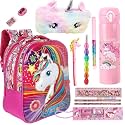 Prezzie Villa 11 Pieces Kids Unicorn Backpack Set with Unicorn Pencil Pouch, Unicorn Pencil Sharpener, Unicorn Water Bottle, and Stationery for Birthday Return Gifts