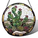 Prickly Pear Cactus Bloom Stained Glass Window Hanging Suncatcher Gift 15"