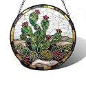 Prickly Pear Cactus Bloom Stained Glass Window Hanging Suncatcher Gift 9.8"