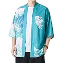 PRIJOUHE Men's Japanese Kimono Robe Jacket 3/4 Sleeve Open Front Yukata