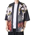 PRIJOUHE Men's Japanese Kimono Robe Jacket 3/4 Sleeve Open Front Yukata