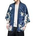 PRIJOUHE Men's Japanese Kimono Robe Jacket 3/4 Sleeve Open Front Yukata
