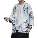 PRIJOUHE Men's Japanese Kimono Robe Jacket 3/4 Sleeve Open Front Yukata