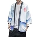 PRIJOUHE Men's Japanese Kimono Robe Jacket 3/4 Sleeve Open Front Yukata
