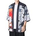 PRIJOUHE Men's Japanese Kimono Robe Jacket 3/4 Sleeve Open Front Yukata
