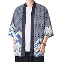 PRIJOUHE Men's Japanese Kimono Robe Jacket 3/4 Sleeve Open Front Yukata