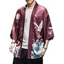 PRIJOUHE Men's Japanese Kimono Robe Jacket 3/4 Sleeve Open Front Yukata