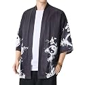 PRIJOUHE Men's Japanese Kimono Robe Jacket 3/4 Sleeve Open Front Yukata