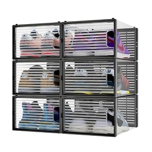 primalite crystal clear stackable shoe storage box- 6 pack plastic rectangular foldable rack stand container for closet  fits shoes flats sneakers sandals heels high tops-upto uk 11  us 12
