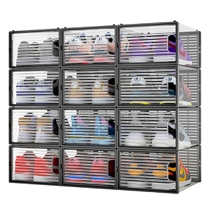 primalite crystal clear stackable shoe storage box- 12 packplastic rectangular foldable rack stand container for closetfits shoesflatssneakerssandalsheelshigh tops-upto uk11us12cobalt blue