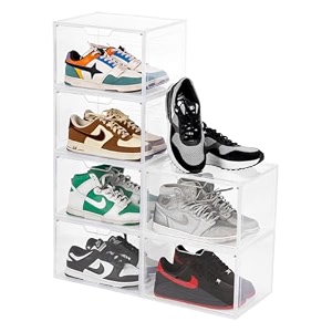 primalite heavy-duty shoe crates storage box- 6 pack with drop-side display magnetic door thicken amp sturdy hard plastic stackable rectangular container sneaker boxes  fits upto us 13- clear