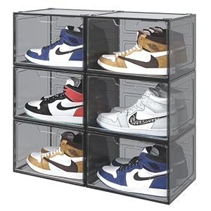 primalite heavy-duty shoe crates storage box- 6 pack with drop-side display magnetic door thicken amp sturdy hard plastic stackable rectangular container sneaker boxes  fits upto us 13- black