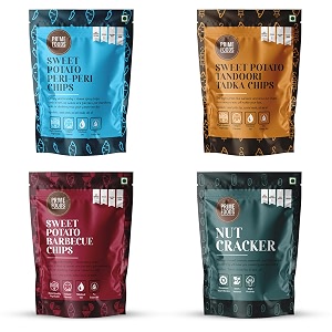 prime foods  sweet potato barbecue bbq  sweet potato peri peri  sweet potato tandoori tadka  nutcracker  crispy vacuum fried chips  vegan  gluten free  healthy snack  pack of 4