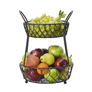 2 tier countertop fruit and vegetable basket for kitchen centre table and living room  metal wire bowl for storing and organizing fruits vegetables and snacks - black