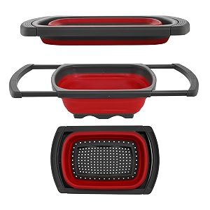 prime pick flexi drain colander collapsible over sink strainer extendable handles heat resistant silicone scrub stackable space saving vegetable fruit washing basket red