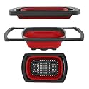 Prime Pick Flexi Drain Colander Collapsible Over Sink Strainer Extendable Handles Heat Resistant Silicone Scrub Stackable Space Saving Vegetable Fruit Washing Basket Red