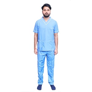 india unisex scrub suit set with piping v-neck 3 pocket top and cargo type trouser 42 xl skyblue