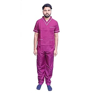 india unisex scrub suit set with piping v-neck 3 pocket top and cargo type trouser 40 large shoking pink