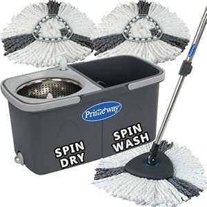 primeway ss upgraded triangular head hydraulic handle twin bucket wash amp dry spin mop  ss dewatering basket  5134 advanced stick rod wtriangular 3 refills  clean amp dirty water  6 ltr