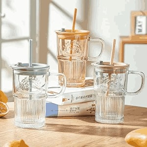 primeworld 420ml panda random color glass mug sipper with straw and lid set of 1 pcs for smoothiewater juice drinkslemon soda beer drinking glasses iced coffee tea glasses sipper parties