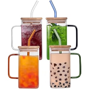 primeworld 510 ml zibela glass cup set of 4 pcs square can glass with colour handle amp wooden lid drinking glasses cupjuice ssquare can glassmoothiesshakescappuccino lattevodka rum