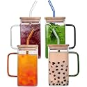PrimeWorld 510 ml Zibela Glass Cup Set of 4 Pcs Square Can Glass with Colour Handle &amp; Wooden Lid Drinking Glasses Cup,Juice SSquare Can Glassmoothies,Shakes,Cappuccino, Latte,Vodka, Rum