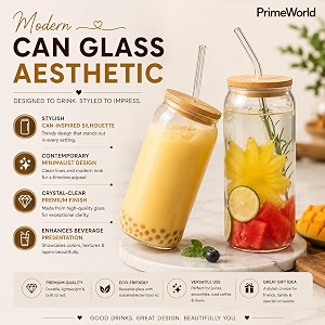 primeworld 550 ml can glass wooden lid glasses set of 2 pcs iced tea juice milk smoothie mug beer soda coffee cocktail hot cold drink glasses for bar parties daily use