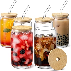 primeworld cola can glass with bamboo lid and glass straw 550 ml pack of 6 pcs for ice coffee smoothie water juice mokito cold drink milk cocktail beer whiske soda bar parties home