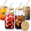 PrimeWorld Cola Can Glass with Bamboo Lid and Glass Straw 550 ml Pack of 6 pcs for ice Coffee Smoothie Water Juice Mokito Cold Drink Milk Cocktail Beer whiske soda bar Parties Home