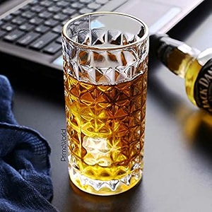 primeworld european 295 ml diamond water glasses set of 6 pcs - tall drinking glasses for- water juice colddrink mojito cocktail lead-free perfect for home restaurants and parties
